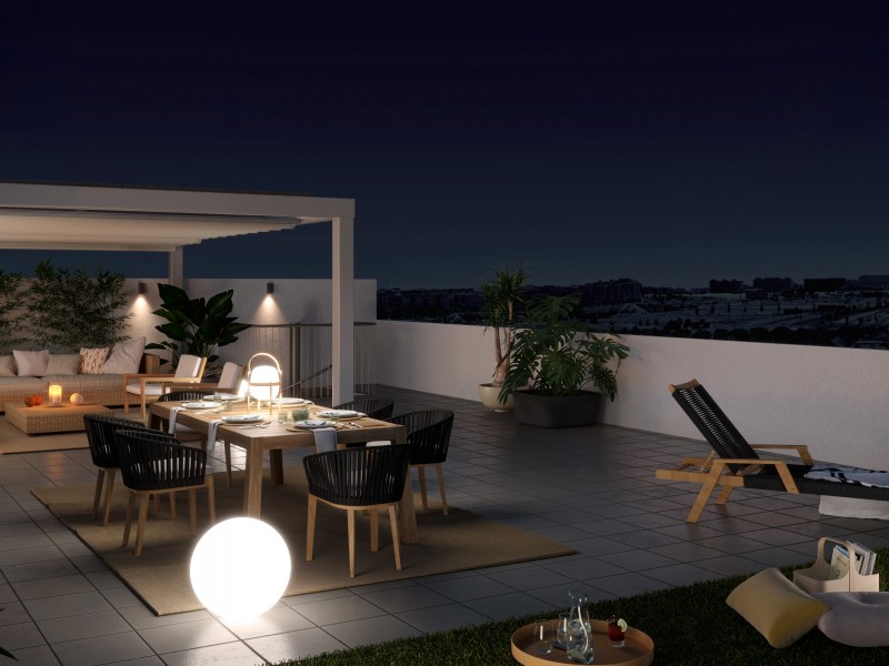 Terraza de un ático del Edificio Aqua Brisa. Infografía orientativa a concretar en el desarrollo del proyecto.