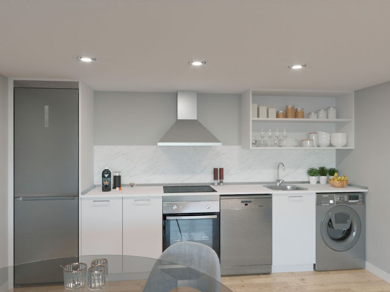Infografía orientativa de cocina con suelo roble y muebles de color blanco. Electrodomésticos incluidos: horno, placa vitrocerámica y campana decorativa.