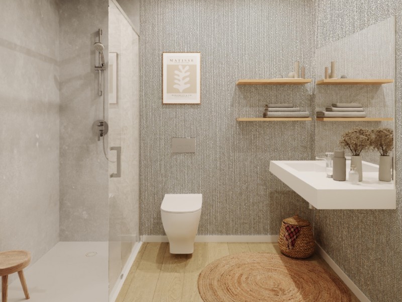 Ejemplo de baño en una vivienda de Gran Tyrio. Infografía orientativa a concretar en el desarrollo del proyecto.
