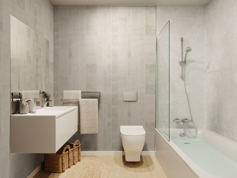 Ejemplo de baño en una vivienda de Gran Tyrio. Infografía orientativa a concretar en el desarrollo del proyecto.
