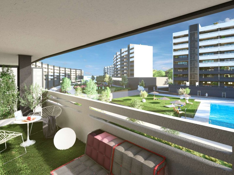 Terraza de una vivienda del Conjunto Residencial Neocity. Infografía orientativa a concretar en el desarrollo del proyecto.