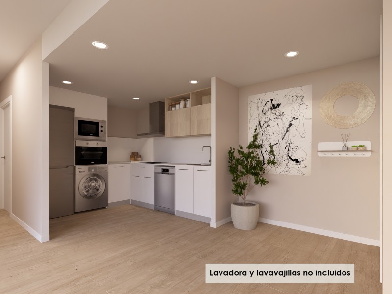 Detalle de cocina tipo del Edificio Nou Llar del Túria. Infografía orientativa a concretar en el desarrollo del proyecto.