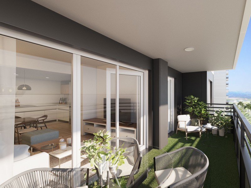Terraza de una vivienda del Edificio Nou Llar del Túria. Infografía orientativa a concretar en el desarrollo del proyecto.