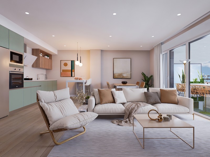 Ejemplo de salón cocina de una vivienda de Vía Galena. Infografía orientativa a concretar en el desarrollo del proyecto.